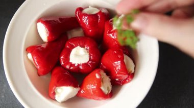 Biber turşusu, peynir, sebze aperatifi taze lezzetli gurme, vejetaryen arka plan masa, kırsal yemek, fotokopi alanı, keto ve paleo diyeti.