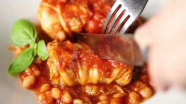 Doldurulmuş lahana sosu, fasulye eti, lahana, taze lezzetli gurme yemek arkaplanı kırsal yiyecekler, fotokopi alanı.