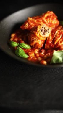 Doldurulmuş lahana sosu, fasulye eti, lahana, taze lezzetli gurme yemek arkaplanı kırsal yiyecekler, fotokopi alanı.