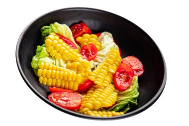 Mısır salatası, domates, taze sebzeler, taze lezzetli gurme, yemek, masa üstü yemek, fotokopi alanı, vejetaryen ve vejetaryen yemekleri.