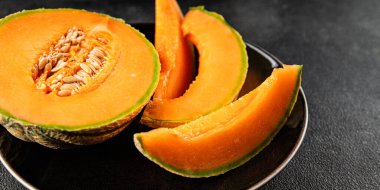 Kavun Charente olgun tatlı meyve lezzetli çerez lezzetli lezzetli gurme yemek arka planı masa üzerinde rustik gıda fotokopi alanı keto ve paleo diyet vegan ve vejetaryen gıda