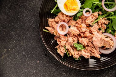 Ton balığı salatası yumurtası, roka, sebze lezzetli aperatif lezzetli lezzetli gurme yemek arkaplanı masa üstü yemekleri fotokopi alanı keto ve paleo diyeti pesseeter diyeti.