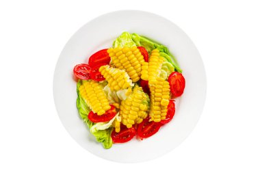 Mısır salatası, domates, taze sebzeler, taze lezzetli gurme, yemek, masa üstü yemek, fotokopi alanı, vejetaryen ve vejetaryen yemekleri.