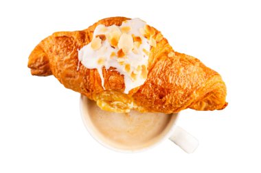 Kruvasan bademi taze pişmiş tatlı tatlı tatlı aperatif lezzetli gurme yemek arkaplanı masa kırsal yiyeceklerin üst görünümü fotokopi alanı.