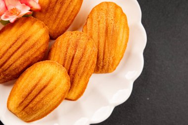 Madeleine kurabiyeleri tatlı tatlı Fransız tatlıları lezzetli aperatifler lezzetli gurme yemek arkaplanı masanın kırsal kesiminde fotokopi alanı