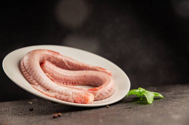 Çiğ kaya yılanbalığı balığı balığı, somon balığı, deniz ürünleri, küçük benekli kedi balığı, lezzetli çerez, lezzetli gurme yemek arka planı, masanın kırsal kesiminde, fotokopi alanı, pesseeter diyeti.