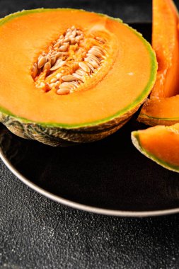 Kavun Charente olgun tatlı meyve lezzetli çerez lezzetli lezzetli gurme yemek arka planı masa üzerinde rustik gıda fotokopi alanı keto ve paleo diyet vegan ve vejetaryen gıda