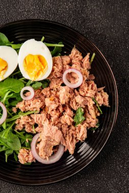 Ton balığı salatası yumurtası, roka, sebze lezzetli aperatif lezzetli lezzetli gurme yemek arkaplanı masa üstü yemekleri fotokopi alanı keto ve paleo diyeti pesseeter diyeti.