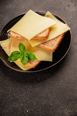 Sandviç, peynir, atıştırmalık taze lezzetli gurme yemek arkaplanı, masanın kırsal kesiminde fotokopi alanı.