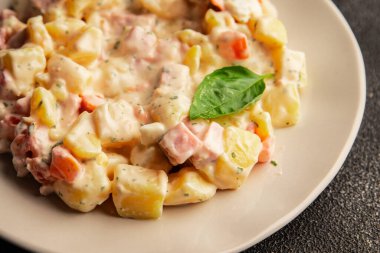 Patates salatası, patates, domates, havuç, mayonez lezzetli atıştırmalık taze gurme yemek arkaplanı masanın kırsal kesiminde fotokopi alanı.