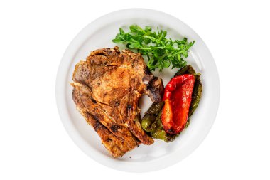 Biftek, barbekü, et, lezzetli aperatif, lezzetli gurme yemek arka planı, masa, rustik yemekler, fotokopi alanı.