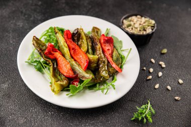 Izgara biber salatası kızarmış sebze bbq yemek lezzetli aperatif lezzetli gurme yemek arkaplan masa rustik gıda üst görünüm fotokopi alanı keto ve paleo diyet vegan ve vejetaryen gıda