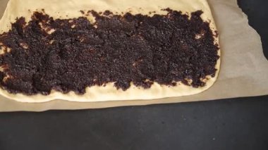 Haşhaşlı çörekler çiğ hamur hamuru tatlı tatlı tatlı aperatifler lezzetli gurme yemek arka planı masa üzerinde rustik üst görünüm fotokopi alanı