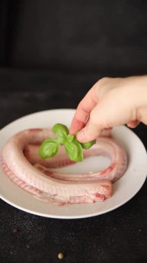 Çiğ kaya yılanbalığı balığı balığı, somon balığı, deniz ürünleri, küçük benekli kedi balığı, lezzetli çerez, lezzetli gurme yemek arka planı, masanın kırsal kesiminde, fotokopi alanı, pesseeter diyeti.