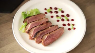Duck breast roast poultry fresh natural product tasty snack delicious gourmet food background on the table rustic top view copy space