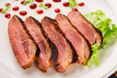 Duck breast roast poultry fresh natural product tasty snack delicious gourmet food background on the table rustic top view copy space