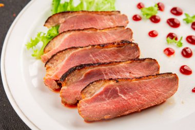Duck breast roast poultry fresh natural product tasty snack delicious gourmet food background on the table rustic top view copy space