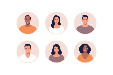 Erkek ve dişiyi içeren Avatar profil resim simgesi seti. Vektör illüstrasyonu.