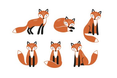 Set of isolated cute foxes. Vector illustration in Scandinavian style.