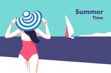 Summer party, vacation and travel concept. Girl on the beach. Vector flyer or poster design in minimalistic style.