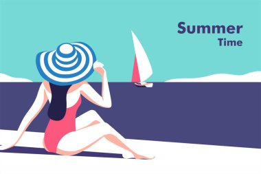 Summer party, vacation and travel concept. Girl on the beach. Vector flyer or poster design in minimalistic style.