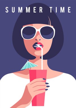 Summer party, vacation and travel concept. Young woman in sunglasses drinks cocktial. Vector illustration for flyer or poster design in minimalistic style.