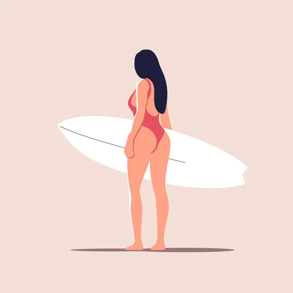 Active Vacation Attractive Young Woman Red Swimsuit Walking White Surfboard — 스톡 벡터