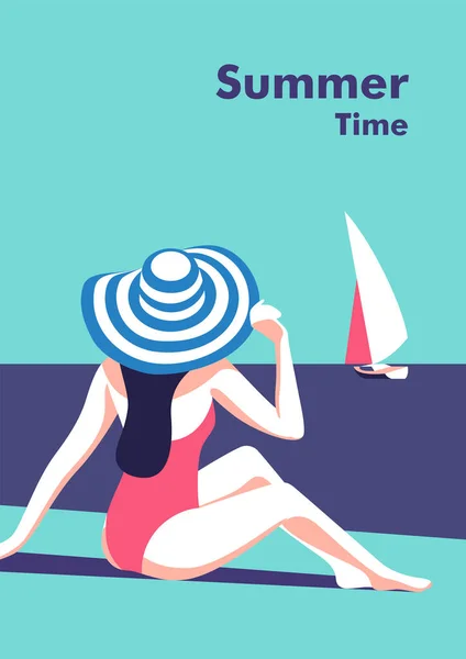 Summer Party Vacation Travel Concept Girl Beach Vector Flyer Poster — Stock vektor