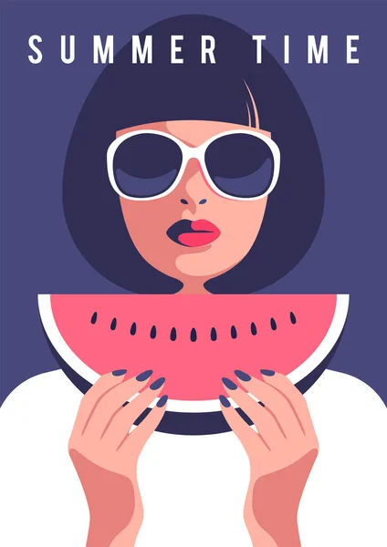 Summer Party Vacation Travel Concept Woman Holding Watermelon Vector Illustration — Stock vektor