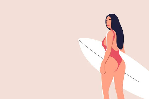Aktivurlaub Attraktive Junge Frau Roten Badeanzug Läuft Mit Weißem Surfbrett lizenzfreie Stockillustrationen