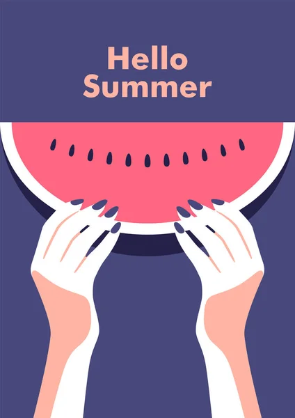 Ripe Slice Watermelon Hands Woman Summer Party Vacation Travel Concept Illustrazione Stock