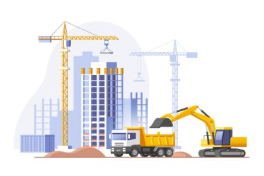 Construction site, building a house. Real estate business. Vector illustration.