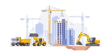Construction site, building a house. Real estate business. Vector illustration.