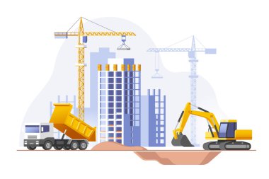 Construction site, building a house. Real estate business. Vector illustration.