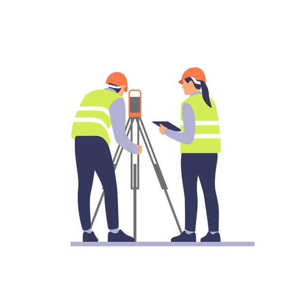 Surveyor Engineers Equipment Theodolite Total Positioning Station Construction Site Vector — Stock Vector