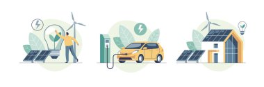 Environmental care and use clean green energy from renewable sources concept. Modern eco house with windmills and solar energy panels, electric car near charging station. Vector illustration.