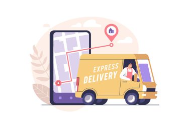 Order delivery service online. Smartphone with mobile app for shipment tracking and yellow van. Vector illustration.