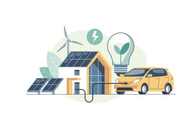 Environmental care and use clean green energy from renewable sources concept. Modern eco house with windmills and solar energy panels, electric car near charging station. Vector illustration.