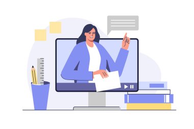 Female teacher conduct lessons online. Video course, web seminar, internet class, personal teacher service for individual distant home self education.