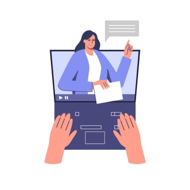 Female teacher conduct lessons online. Video course, web seminar, internet class, personal teacher service for individual distant home self education.