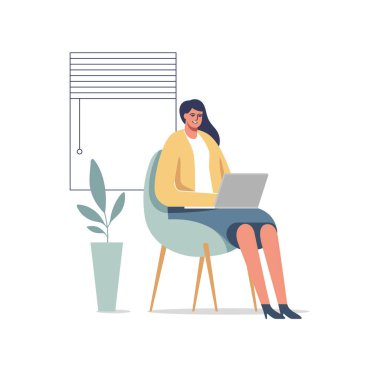 Female entrepreneur working with a laptop in a little office or home. Vector illustration.