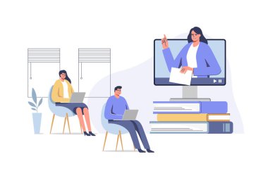 Female teacher conduct lessons online. Video course, web seminar, internet class, personal teacher service for individual distant home self education.