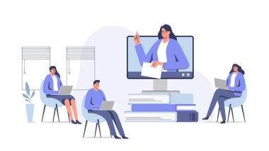 Female teacher conduct lessons online. Video course, web seminar, internet class, personal teacher service for individual distant home self education.