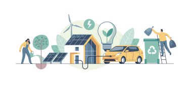 Environmental care and use clean green energy from renewable sources concept. Modern eco house with windmills and solar energy panels, electric car near charging station. Recycling.