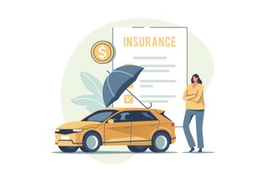 Auto insurance. Concept of car safety, assistance and protection. Woman buying or renting car and signing insurance policy. Vector illustration.