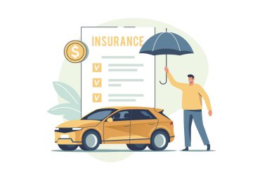 Auto insurance. Concept of car safety, assistance and protection. Man buying or renting car and signing insurance policy. Vector illustration.