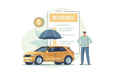 Auto insurance. Concept of car safety, assistance and protection. Man buying or renting car and signing insurance policy. Vector illustration.