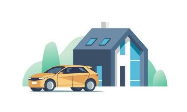 Suburban modern house. Family home with auto. Vector illustration.