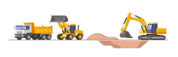 Nşaat Alanı Nşaat Makineleri Seti Nşaat Malzemeleri Makineler Kazıcı Kamyon — Stok Vektör
