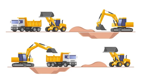 Conjunto Máquinas Construção Equipamento Construção Máquinas Escavadeira Caminhão Carregador Ilustrações — Vetor de Stock